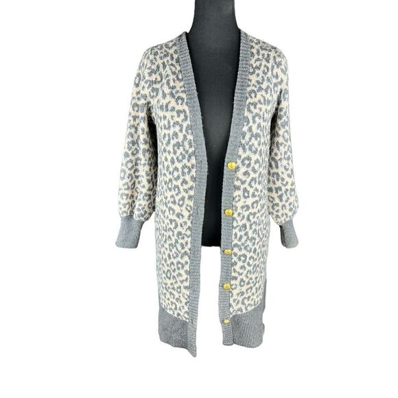 Marled leopard grey long sweater duster cardigan gold buttons soft warm medium - Picture 1 of 7